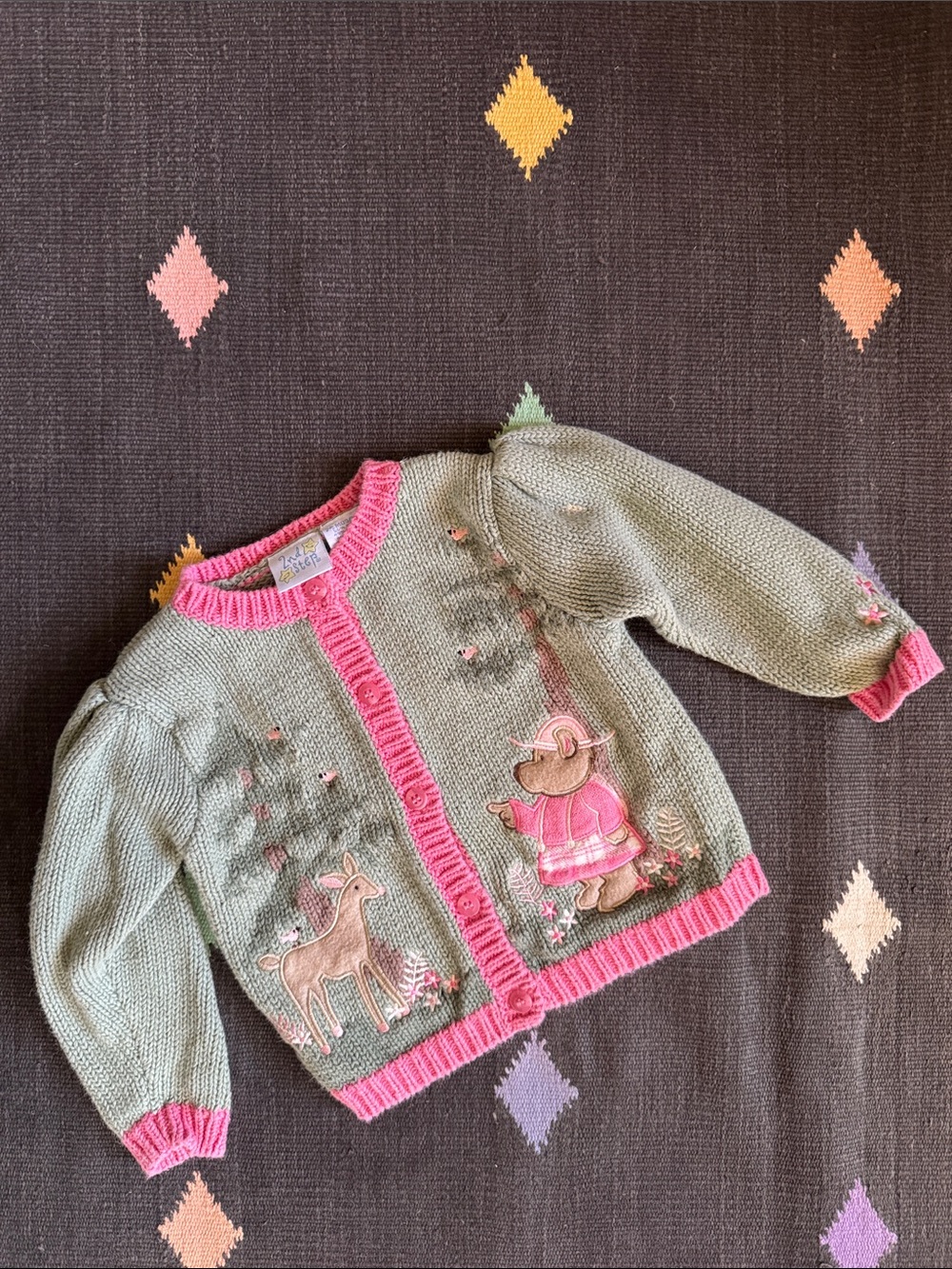 Vintage Knit Cardigan with Pink Trim and Forest Appliqués